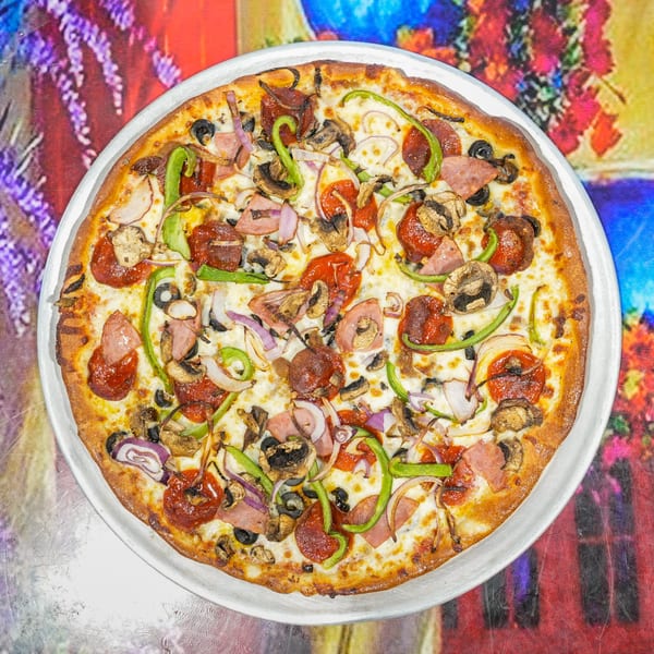 ELE PIZZA's supreme pizza, loaded with pepperoni, ham, mushrooms, onions, green peppers, and olives.