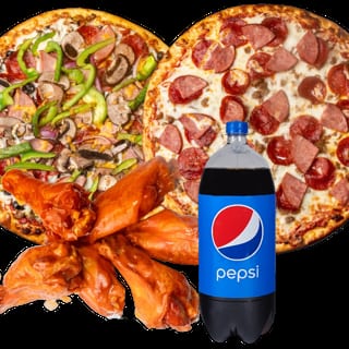 2 Large Specialty Pizzas, 8 Wings & 2 Liter Soda
